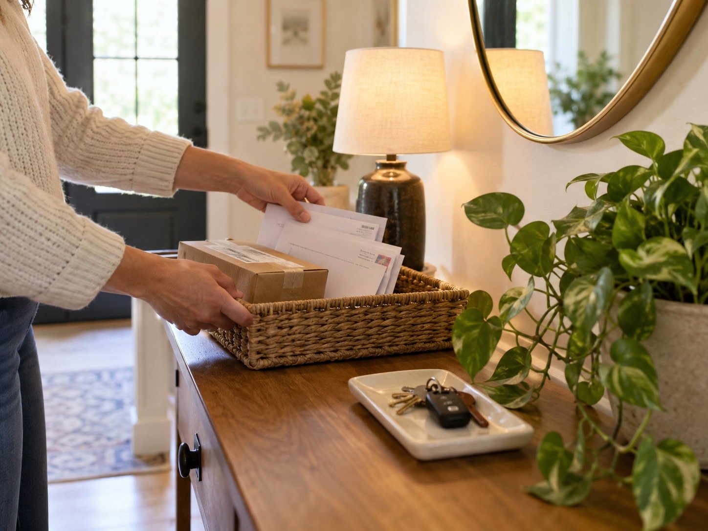 Mail and a package being organized into a basket during a home-care visit