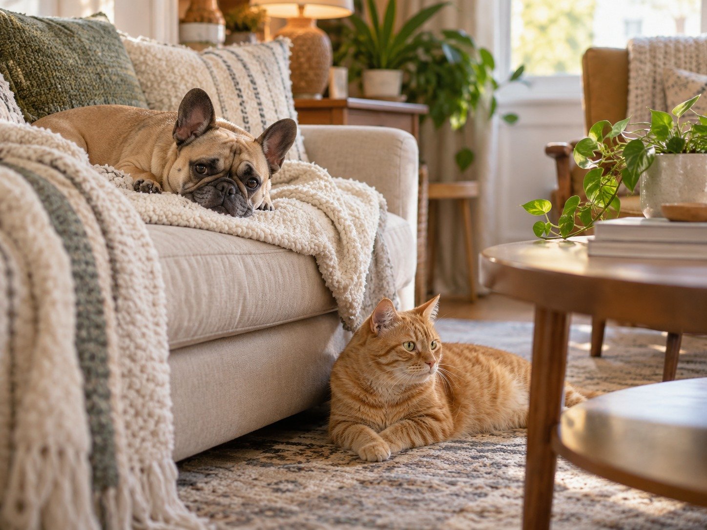 French bulldog and orange cat relaxing together in a comfortable home