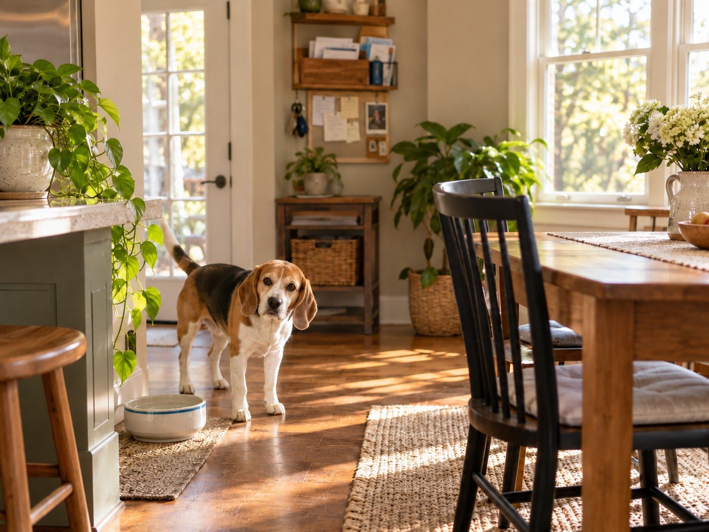 Beagle beside its water bowl in a warm everyday home