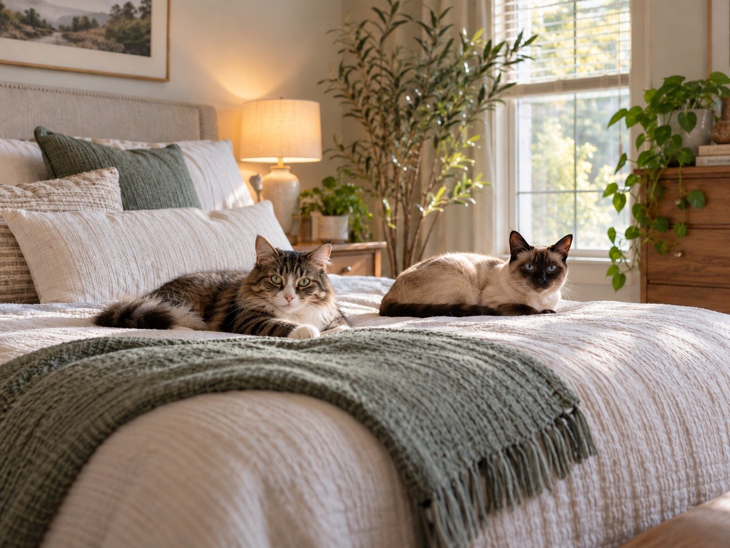 Two cats resting comfortably together on a neatly made bed