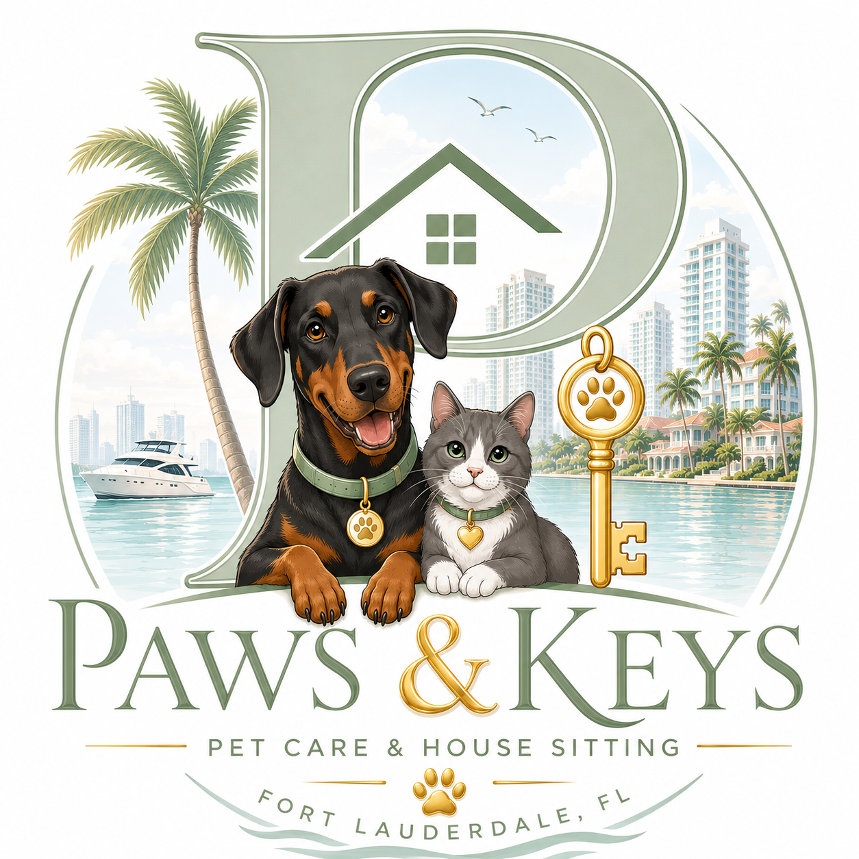 Paws & Keys Pet Care and House Sitting logo with a Doberman, cat, coastal scenery, and a gold key
